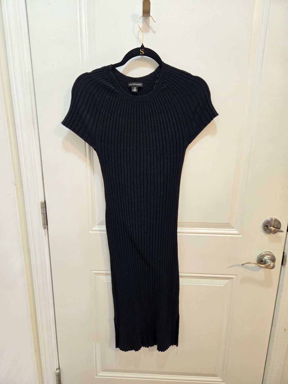 Saks Fifth Avenue Black Ribbed Short-Sleeve Midi Knit Dress